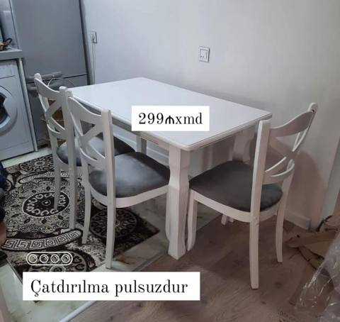 Ağ rəngdə yemək masası və 4 ədəd stul dəsti. Xüsusiyyətlər: - Klassik — Баку