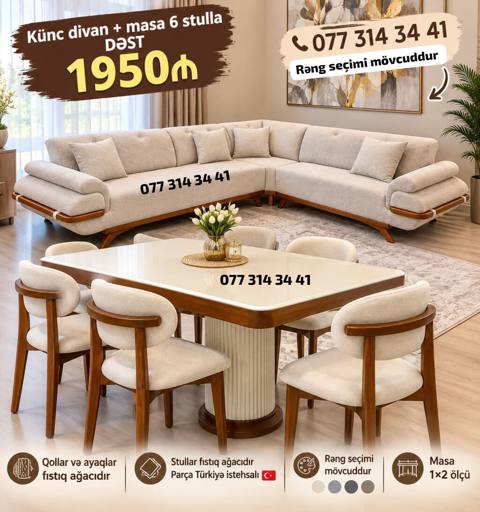Künc divan + masa və 6 stul dəsti – Dəst qiyməti: 1950₼ – Rəng — Жумшак эмерек топтомдору
