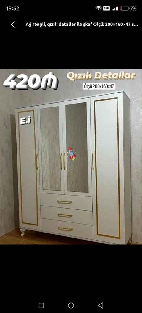 Ağ rəngdə paltar şkafları Model 1: - Ölçü: 200×160×47 sm - Dizayn: ağ — IlksimayMebel