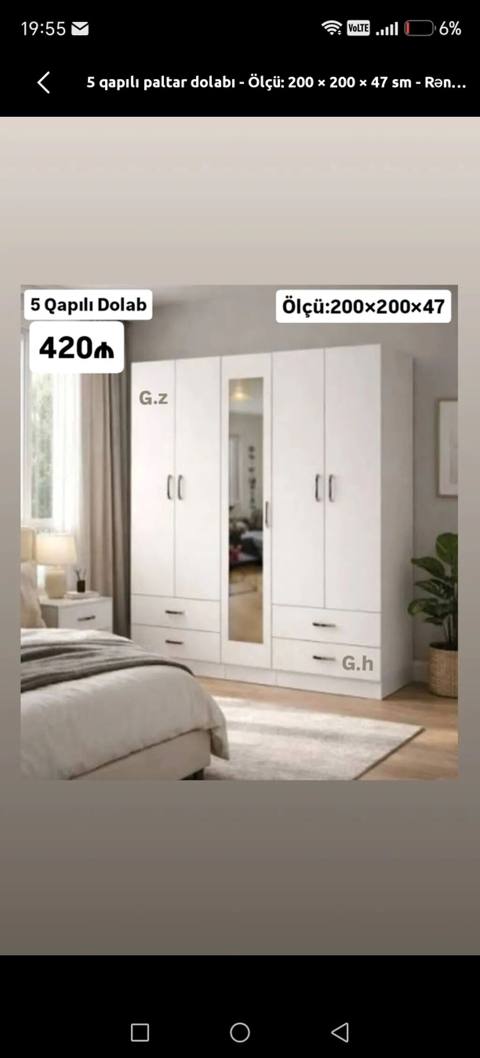 5 qapılı paltar dolabı Ölçü: 200 200 47 sm Qiymət: 420 — IlksimayMebel