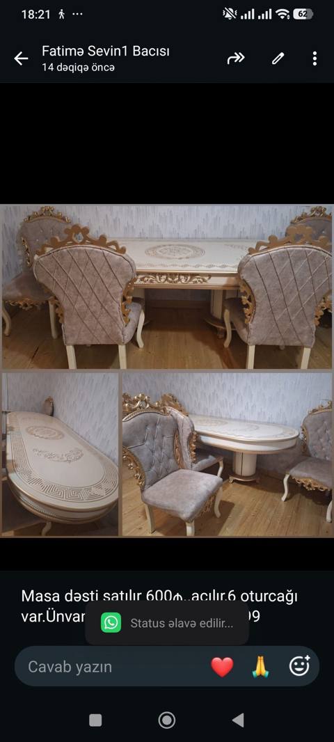 Masa dəsti satılır 600₼. açılır,6 oturcağı var.Ünvan montin. 1077 — Aişə Xanım — მაგიდები და სკამები