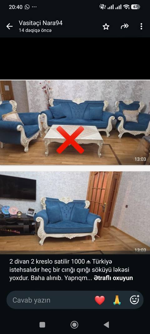 2 divan 2 kreslo satilir 1000 Türkiyə istehsalıdır heç bir cırığı — Баку