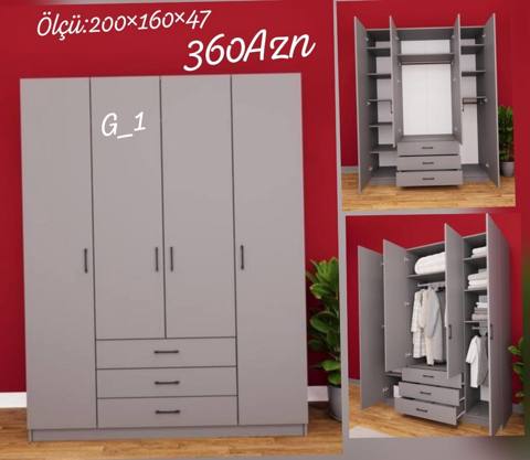 Yeni, 4 qapılı, Siyirməli, Boz, Açılan, Düz dolab — mebel.aza — Шкафтар