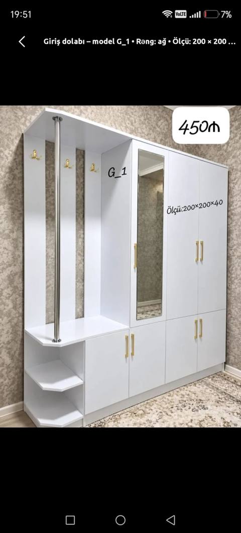 Giriş dolabı – model G_1 - Rəng: ağ - Ölçü: 200×200×40 sm - Qiymət — IlksimayMebel
