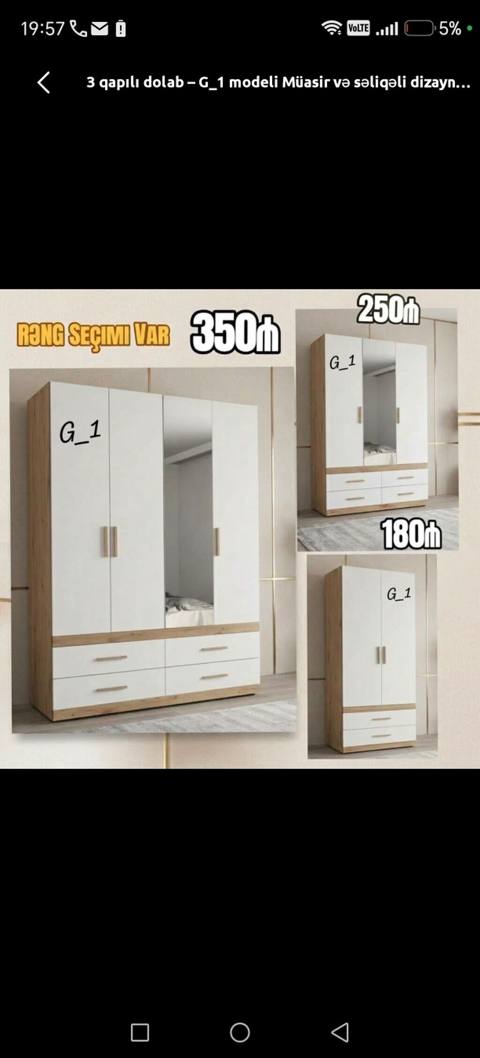 3 qapılı dolab – G_1 modeli - Müasir və səliqəli dizayn - Rəng seçimi — IlksimayMebel