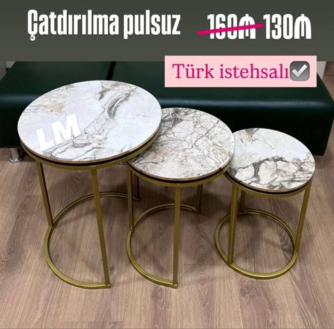 Türk istehsalı 3-lü zigon stol dəsti - Dairəvi dizayn, mərmər naxışlı — Digah