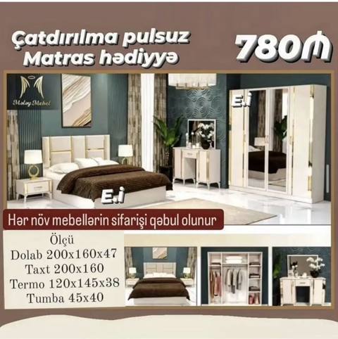 Yataq otağı dəsti – 780₼ Komplekt: - Taxt (200×160) – baza daxildir — საძინებლის ავეჯის კომპლექტები