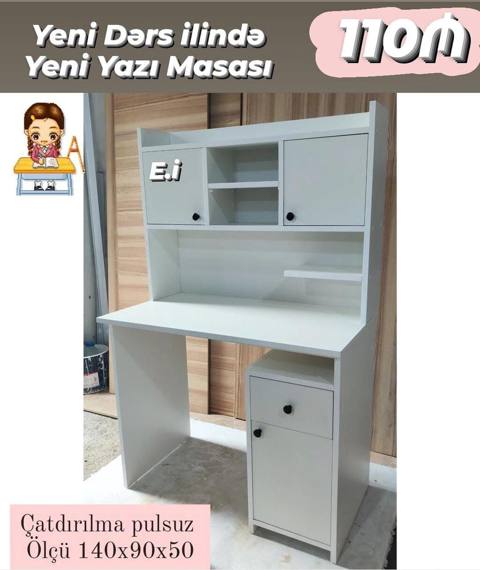 Ağ rəngli yazı masası və dərs guşəsi. Ölçü: 140x90x50 sm Masa — Baku