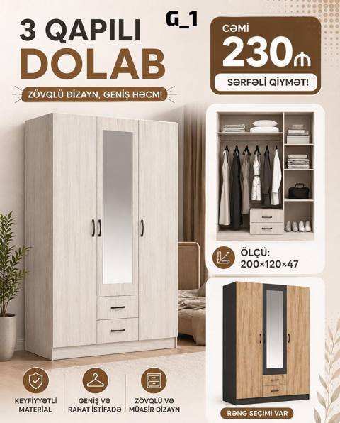 3 qapılı dolab – zövqlü və müasir dizayn, geniş həcm Xüsusiyyətlər — Digah