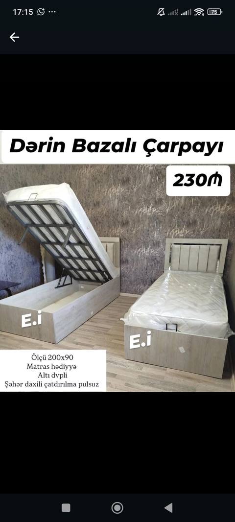 Dərin bazalı çarpayı – 230₼ - Ölçü: 200×90 sm - Dərin bazalı saxlama — Furniture