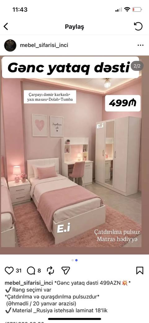 Gənc yataq dəsti – 499 AZN Komplektə daxildir: - Dəmir karkaslı — Baku