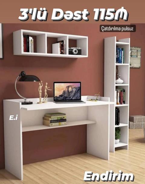 3-lü dəst mebel – iş masası, divar rəfi və kitab şkafı. Dəstə — Baku