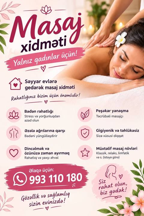 Relaks masaj, Qadınlar üçün, Evə gəlməklə — Baku