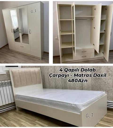 Yataq otağı dəsti – 4 qapılı gardırob və çarpayı (matras daxil) — Baku