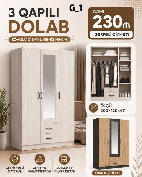 3 qapılı dolab – G_1 modeli Zövqlü dizaynı və geniş daxili həcmi ilə — Furniture