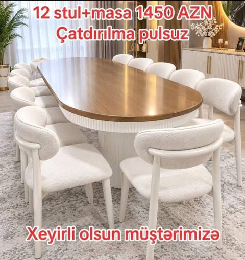 12 nəfərlik yemək dəsti Tərkib: - 1 ədəd iri, oval formalı yemək — 1 450 ₼ · Bakı · Masalar və stullar 12 nəfərlik yemək dəsti Tərkib: - 1 ədəd iri, oval formalı yemək — Bakı