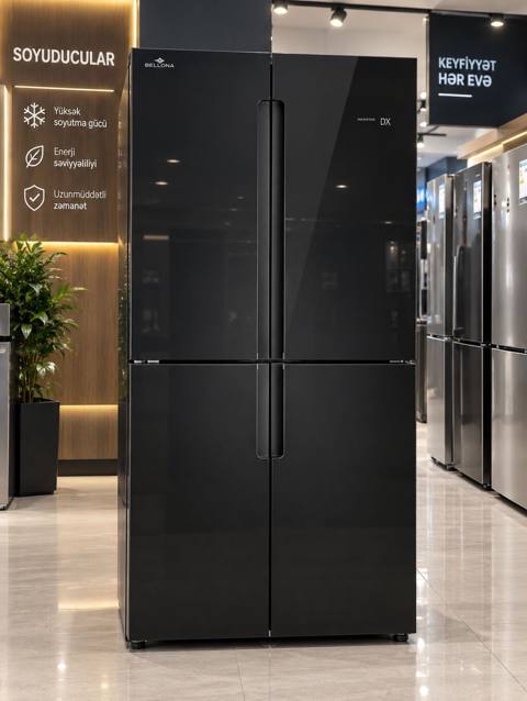Lotus MEL-NF482GB qara şüşə soyuducu. 4 qapılı French door üslubunda — Baku
