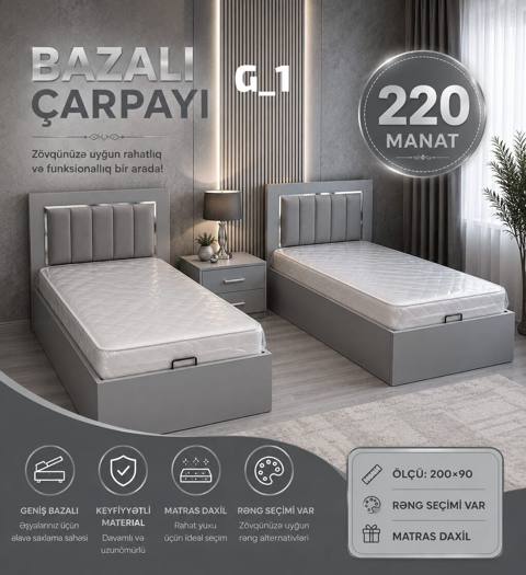 Bazalı çarpayı G-1 - Ölçü: 200×90 - Qiymət: 220 manat - Matras — 220 ₼ · Bakı · Yataqlar Bazalı çarpayı G-1 - Ölçü: 200×90 - Qiymət: 220 manat - Matras — Bakı