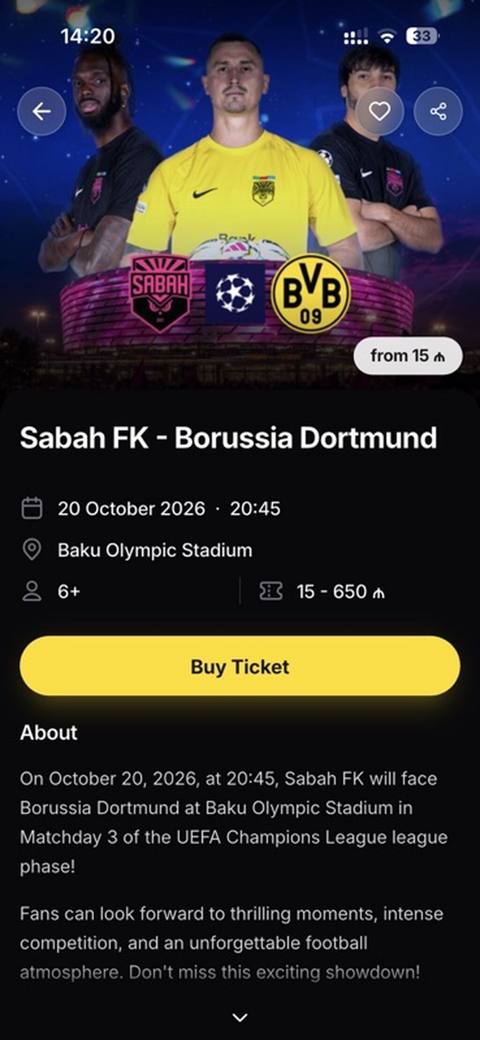 Sabah FK – Borussia Dortmund futbol matçı üçün bilet 2 Ədəd bilet — 30 ₼ · Хырдалан · Digər Sabah FK – Borussia Dortmund futbol matçı üçün bilet 2 Ədəd bilet — Хырдалан