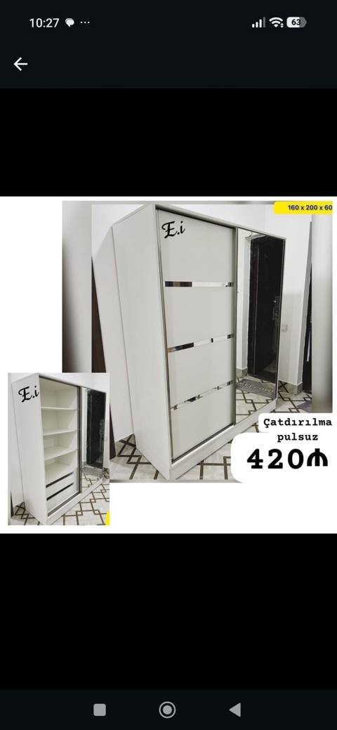 Ağ rəngdə sürgülü qapılı şkaf - Ölçü: 160 x 200 x 60 sm (şəkildə — Baku
