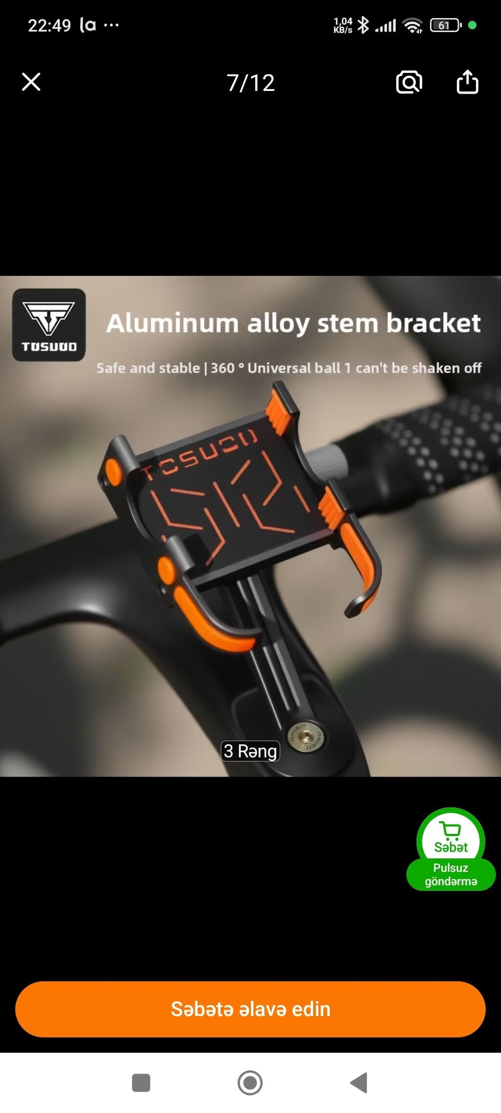 Tosuod velosiped üçün telefon tutacağı - Material: alüminium — Ehtiyat hissələri və aksesuarlar, Bakı (4)