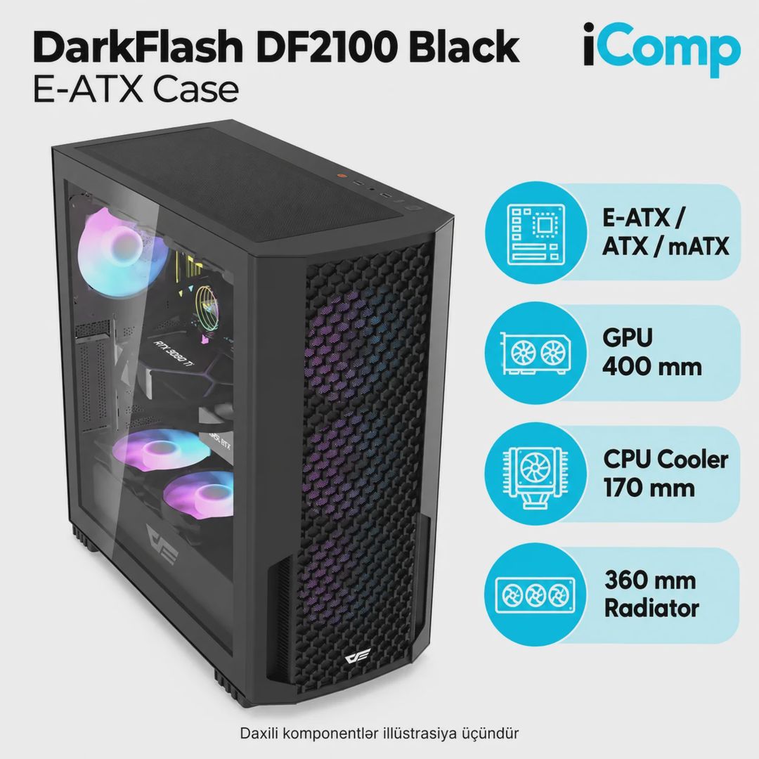 Aigo DarkFlash DF2100 Black E-atx Case — Korpuslər, Bakı (2)