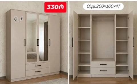 Yeni, 4 qapılı, Güzgülü, Bej, Taxta, Açılan, Düz dolab — Баку