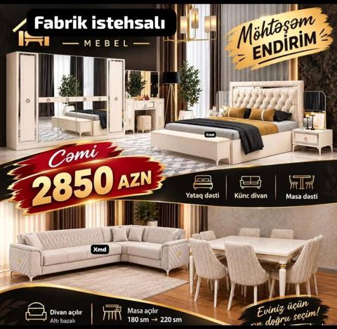 Fabrik istehsalı mebel paketi – möhtəşəm endirim Cəmi 2850 AZN — 2 850 ₼ · Baku · Yataq otağı mobilya dəstləri Fabrik istehsalı mebel paketi – möhtəşəm endirim Cəmi 2850 AZN — Baku