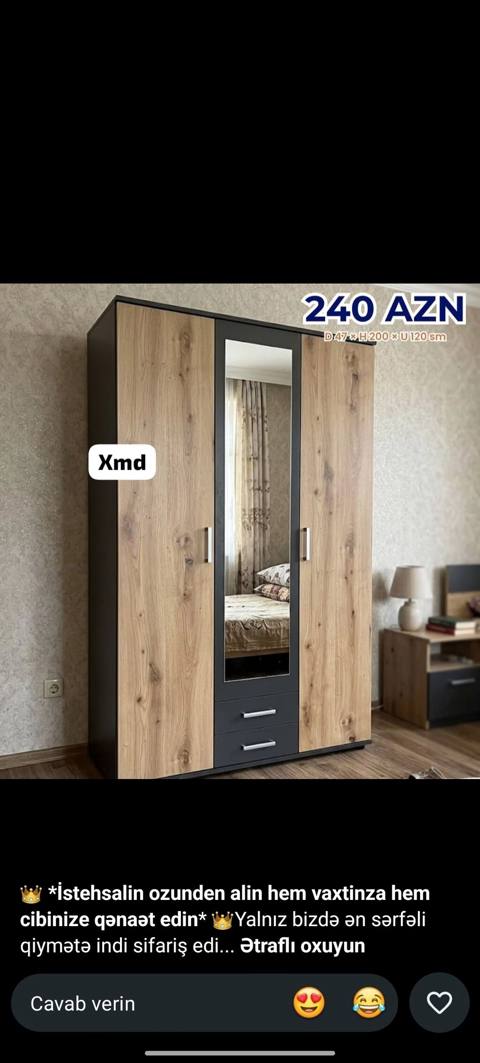 Yeni, 3 qapılı, Güzgülü, Qəhvəyi, Taxta, Açılan, Düz dolab — Дигях