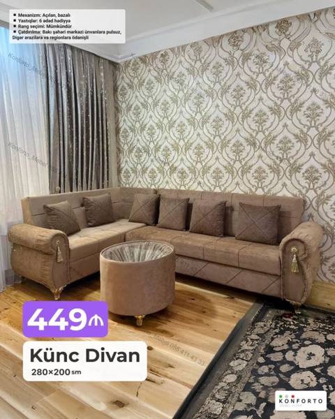 Künc divan – 280×200 sm Qiymət: 449 - Mexanizm: açılan, bazalı — Баку