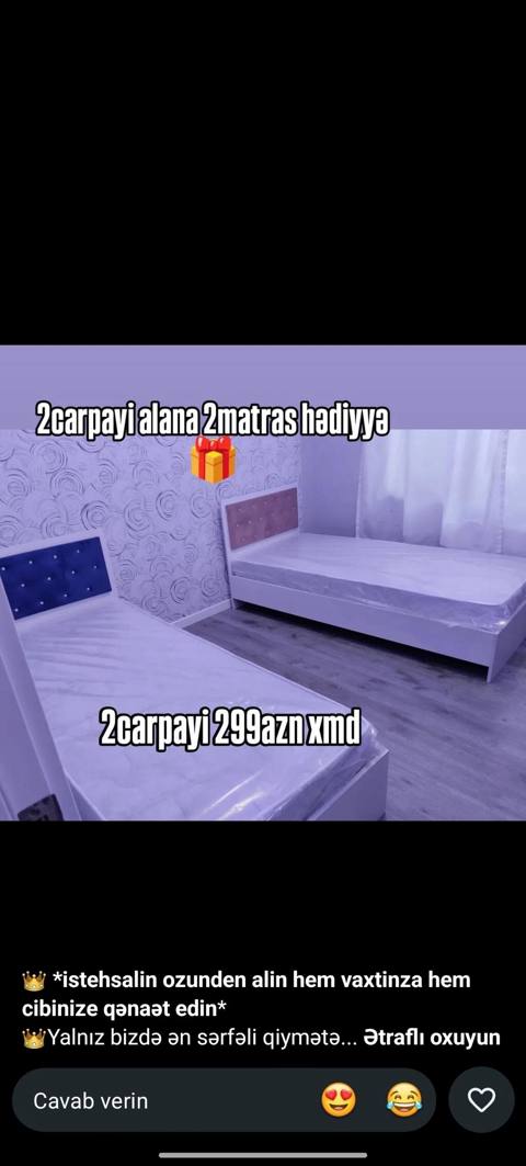 Yeni, Təknəfərlik çarpayı, Bazasız, Matras ilə, Siyirməsiz, Azərbaycan — Zülfiyyə Mebel