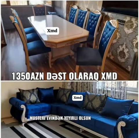 Mebel dəsti – klassik üslubda süfrə masası, 6 ədəd stul və L formalı — Mebel