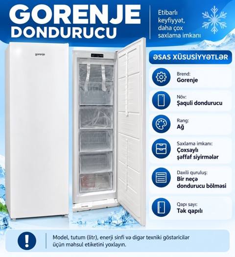 Gorenje şaquli dondurucu Əsas xüsusiyyətlər: - Brend: Gorenje - Növ — Baku