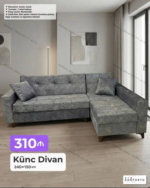 Künc Divan – 240×150 sm - L‑şəkilli dizayn, müasir boz rəng palitrası — Баку