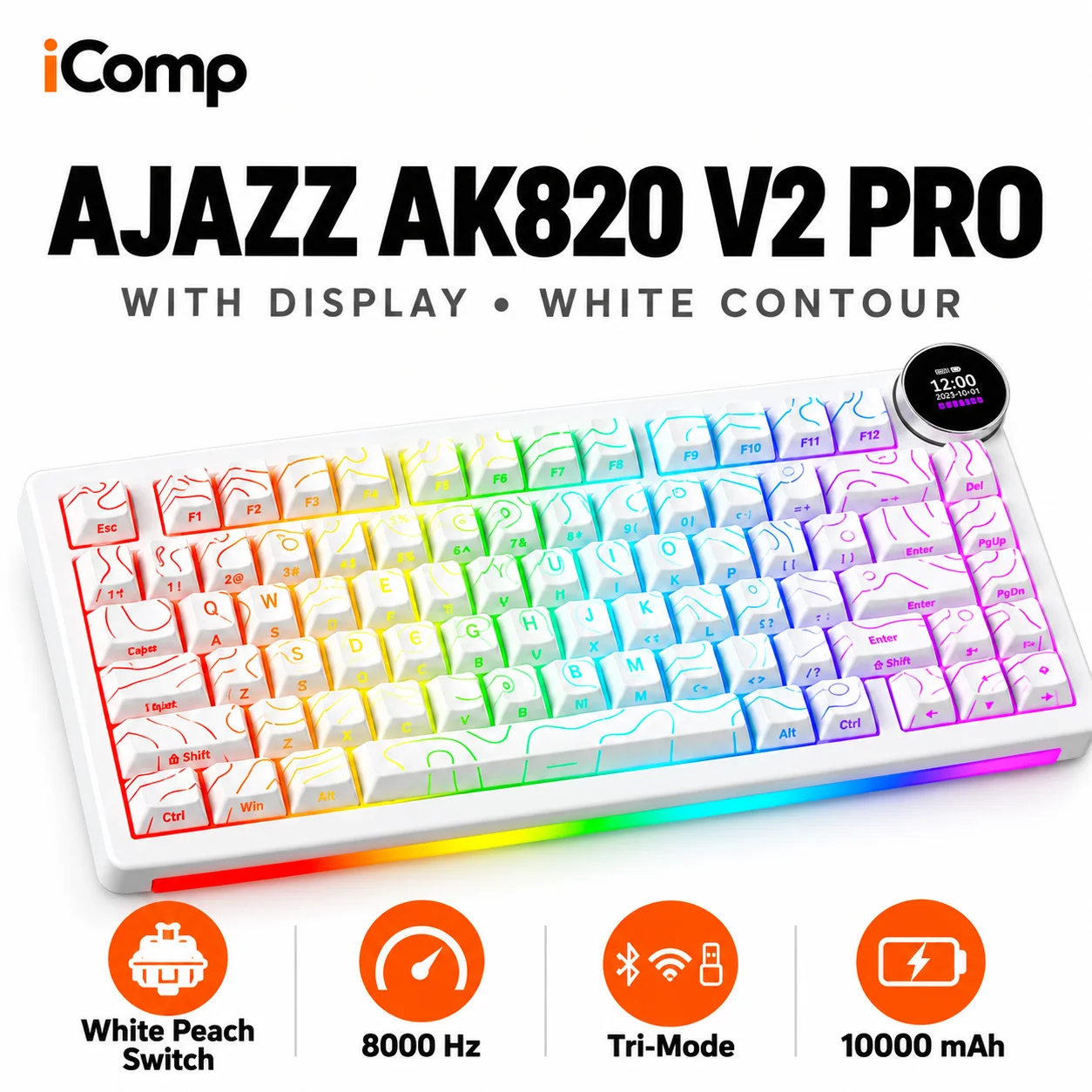 Ajazz AK820 V2 Pro with Display White Contour Gaming Keyboard — Klaviaturalar və siçanlar, Bakı