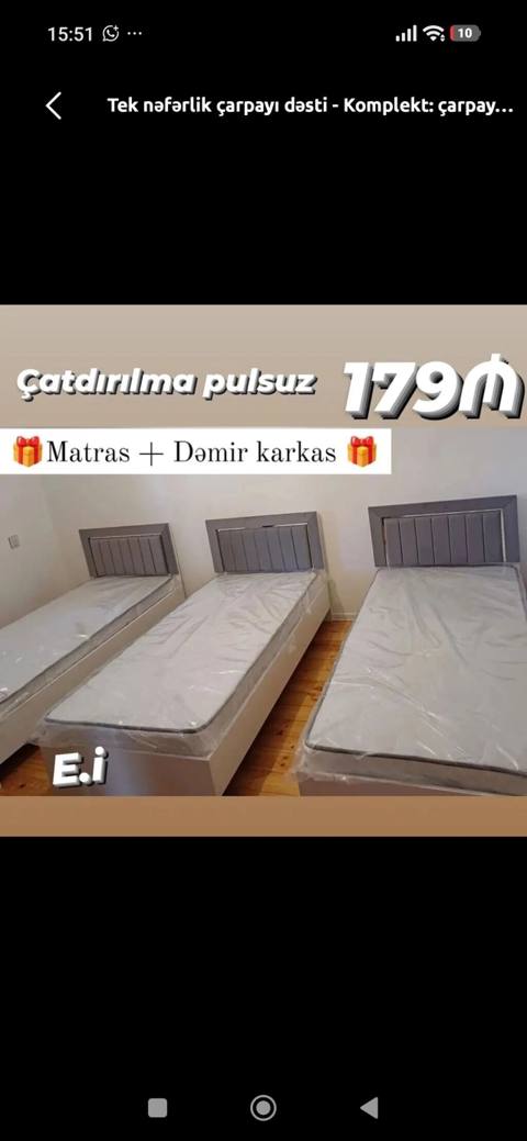 Tek nəfərlik çarpayı dəsti Komplekt: - Çarpayı - Matras - Dəmir — Bakı