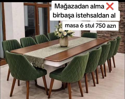 Yemək otağı dəsti – masa + 6 stul - Komplekt: 1 böyük yemək masası və — Bakı