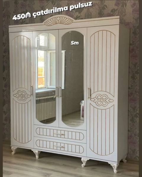 Yeni, 4 qapılı, Güzgülü, Ağ, Açılan, Düz dolab — Baku