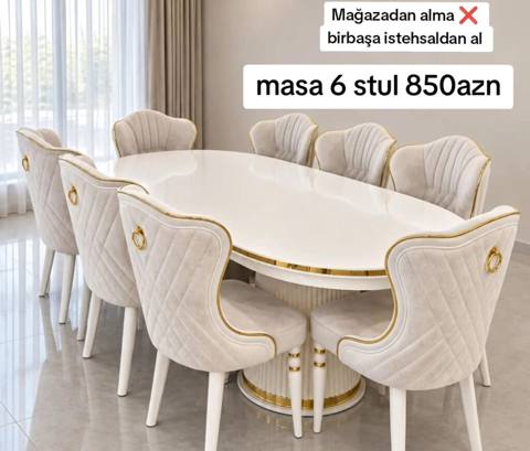 Oval formalı yemək otağı dəsti: - Komplekt: 1 masa + 6 stul - Qiymət — Bakı