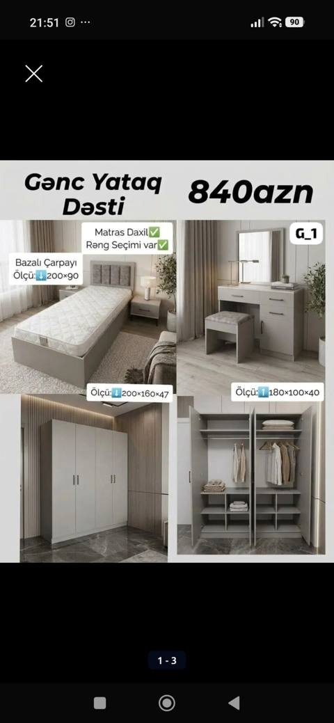 Gənc Yataq Dəsti - Dəst tərkibi: - Bazalı çarpayı – ölçü: 200×90 — Baku
