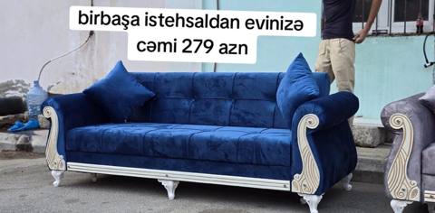 Mavi məxməri üslubda 3 nəfərlik divan - Rəng: dərin mavi - Parça — ucuz.mebel — Divanlar (Yumshoq mebel)