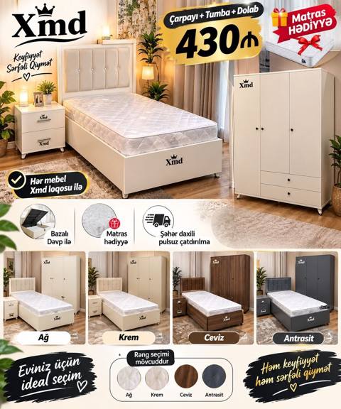 Xmd yataq otağı dəsti – çarpayı + tumba + dolab - Komplekt: tək — Ucuz serfeli Mebel — ავეჯი
