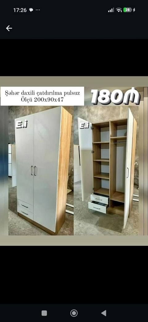 İki qapılı geyim şkafı - Ölçü: 200 x 90 x 47 sm - Daxili quruluş: bir — Baku