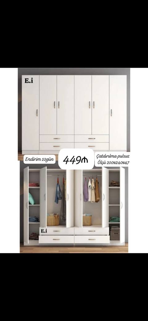 Ağ rəngdə 5 qapılı böyük paltar dolabı - Ölçü: 200 x 240 x 47 sm — Furniture