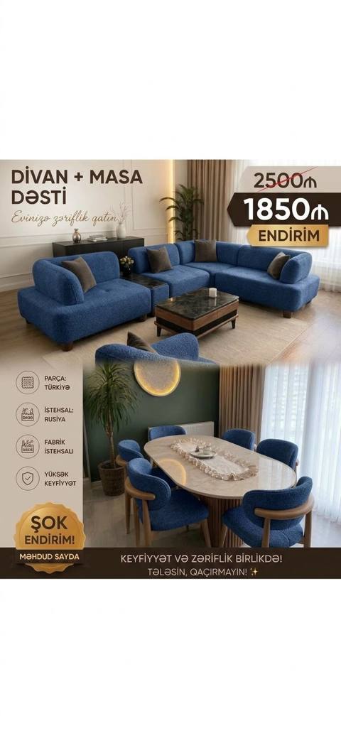 Divan + Masa Dəsti - Komplekt: yumşaq mavi künc divan modulları, puf — 1 850 ₼ · Баку · Yumşaq mobilya dəstləri Divan + Masa Dəsti - Komplekt: yumşaq mavi künc divan modulları, puf — Баку