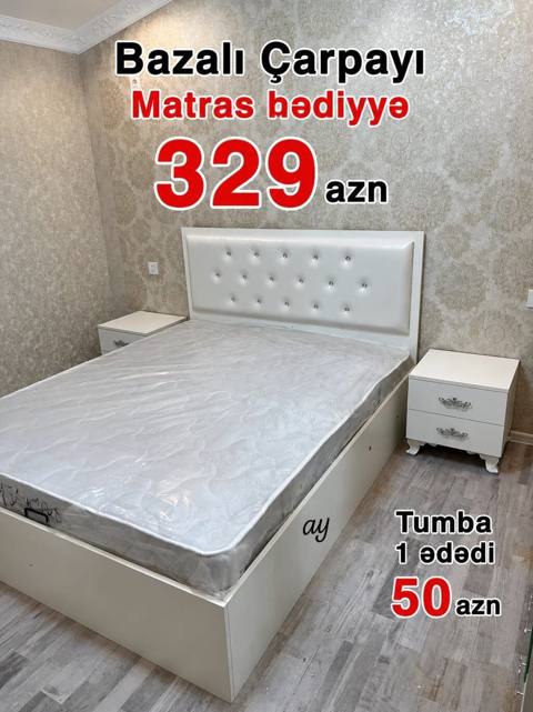 Bazalı çarpayı – ağ rəngdə müasir dizayn - Yumşaq döşənmiş, düyməli — Bakı