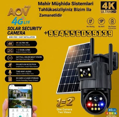 4G Sim Kamera Güneş Paneli 4K 16 MP Ultra HD Dual lens AOV Su — Bakı