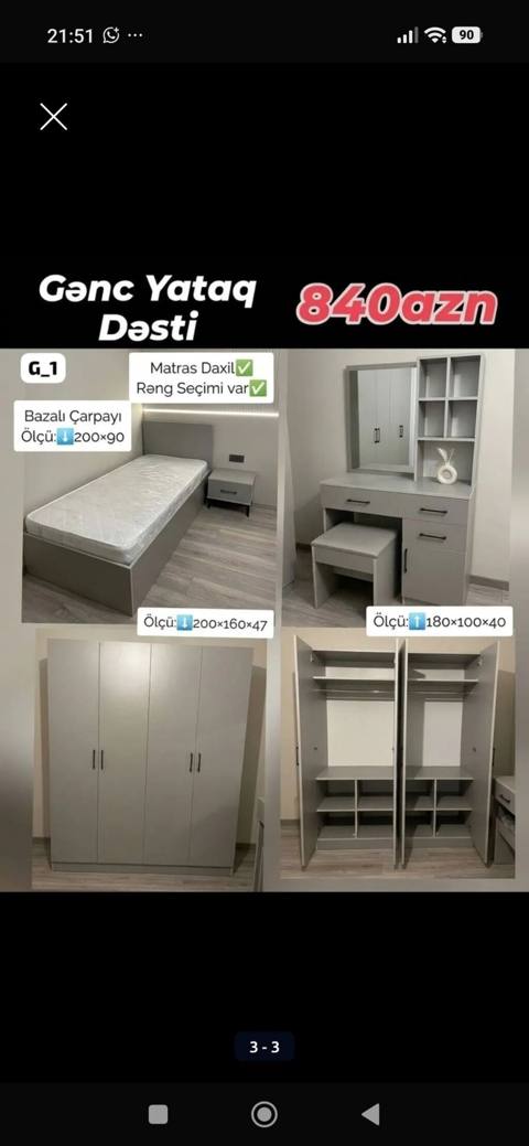 Gənc Yataq Dəsti – 840 AZN Komplektə daxildir: - Bazalı çarpayı: ölçü — Baku