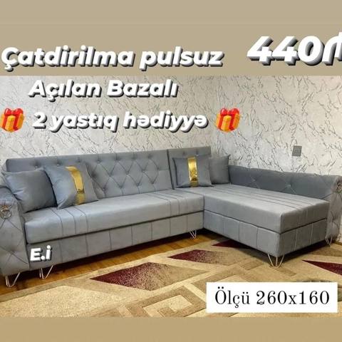 Künc divan – açılan, bazalı model. - Ölçü: 260 x 160 sm - Rəng: boz — Baku
