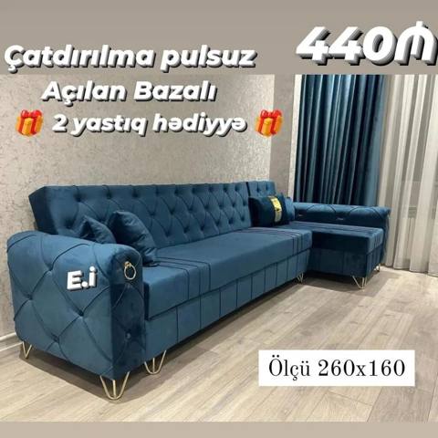 Mavi rəngdə künc divan – açılan, bazalı model. - Ölçü: 260 x 160 sm — Baku